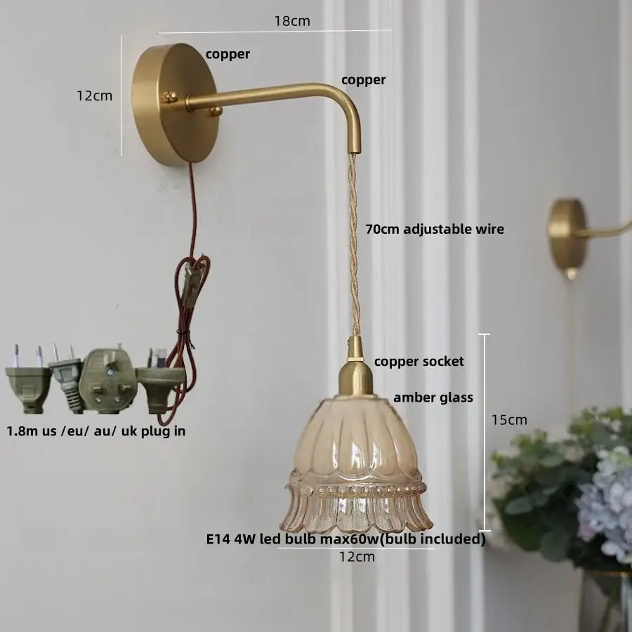 Antique brass flower glass led wall light – bedroom sconce