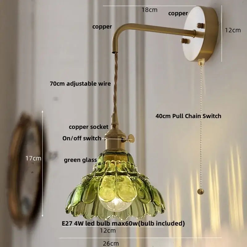 Antique brass flower glass led wall light – bedroom sconce