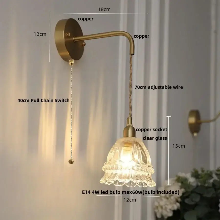 Antique brass flower glass led wall light – bedroom sconce