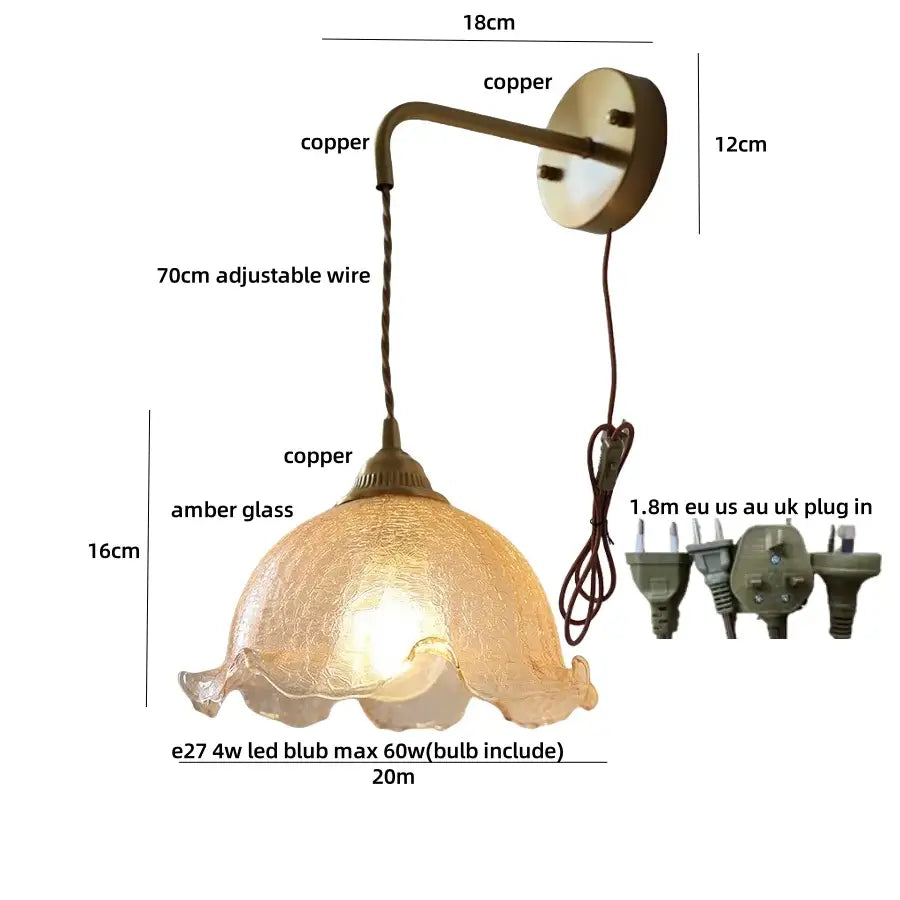 Antique brass and amber glass led wall lights for bedroom decor
