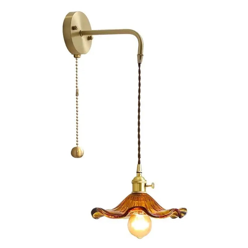 Antique brass amber glass led wall sconce for bedroom lighting