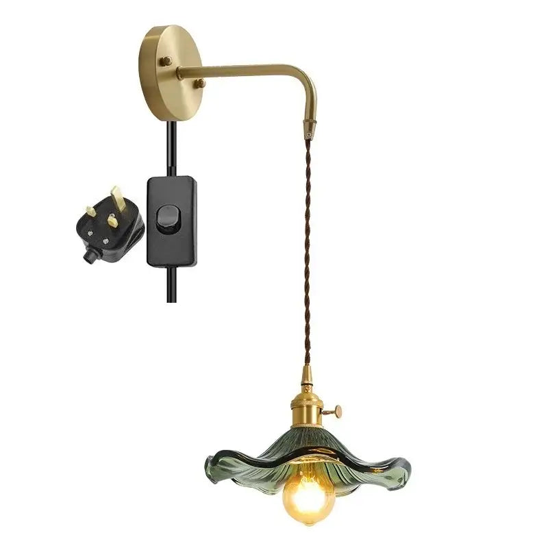 Antique brass amber glass led wall sconce for bedroom lighting