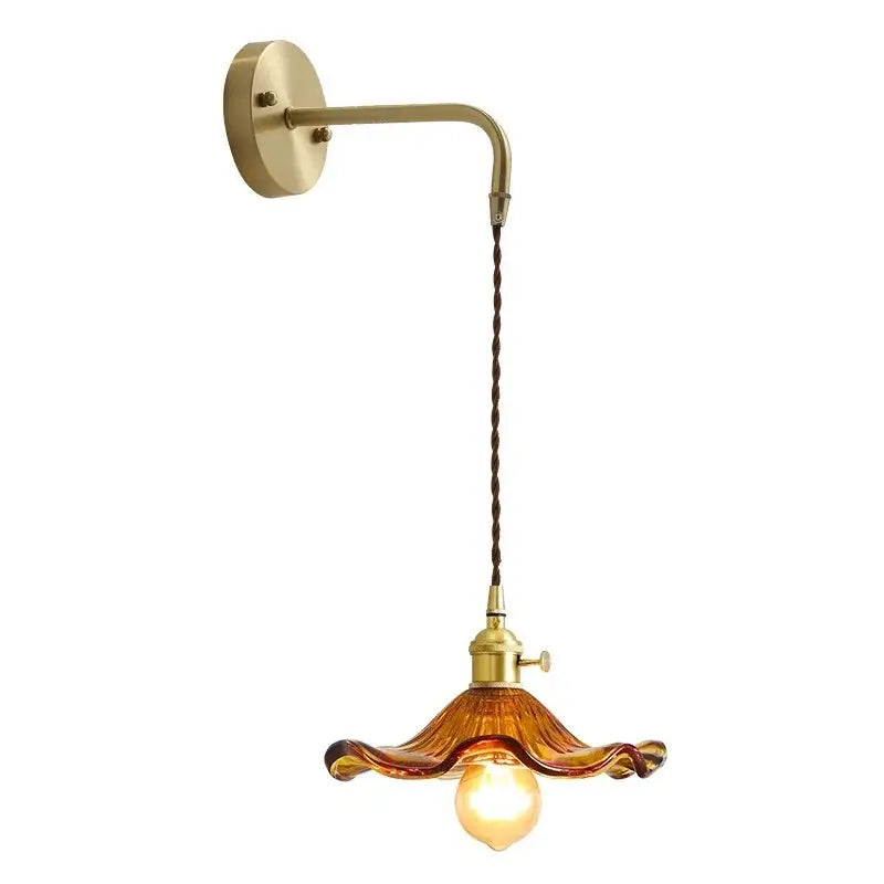 Antique brass amber glass led wall sconce for bedroom lighting