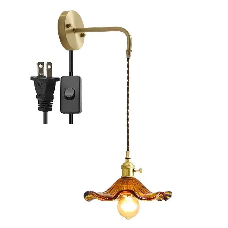 Antique brass amber glass led wall sconce for bedroom lighting