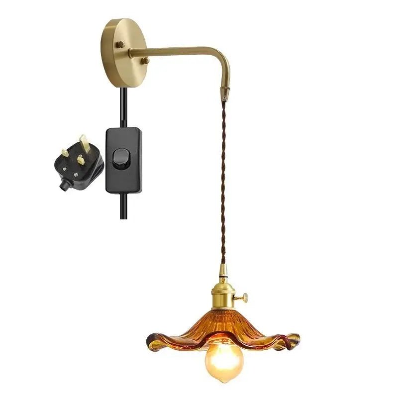 Antique brass amber glass led wall sconce for bedroom lighting