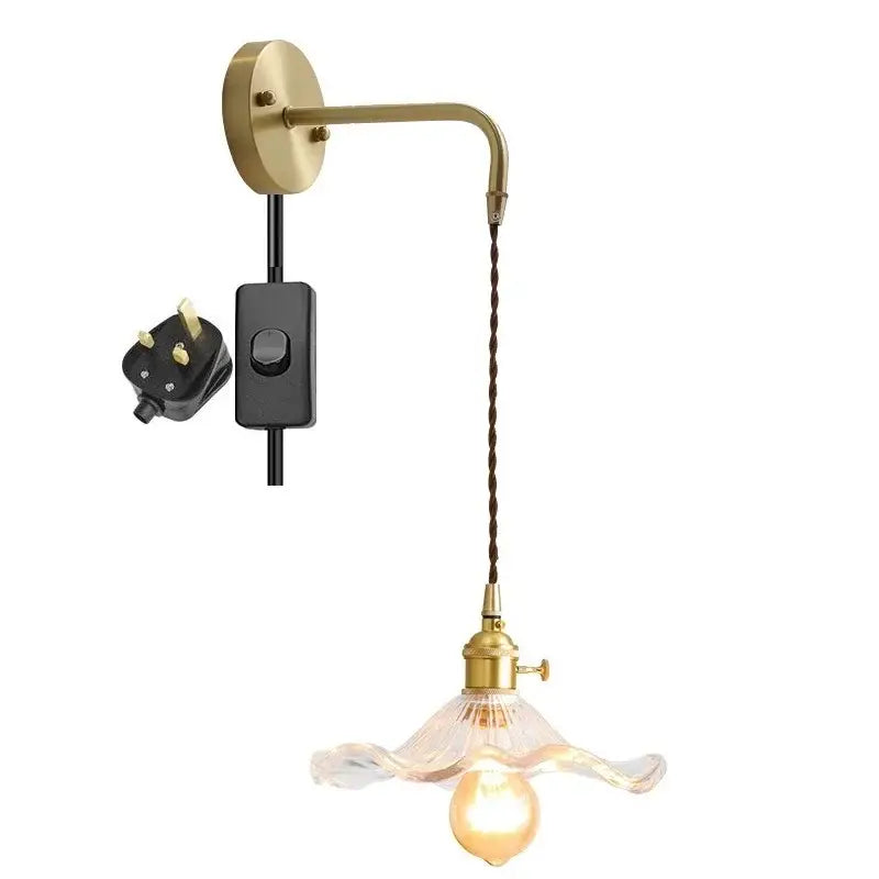 Antique brass amber glass led wall sconce for bedroom lighting