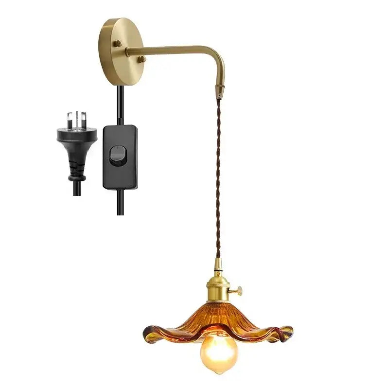 Antique brass amber glass led wall sconce for bedroom lighting