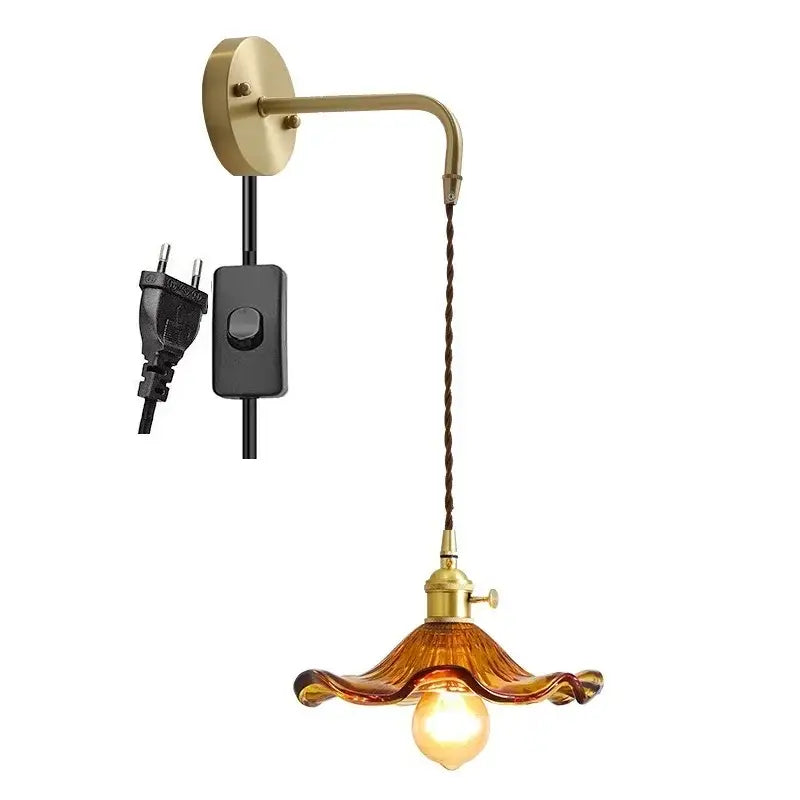 Antique brass amber glass led wall sconce for bedroom lighting