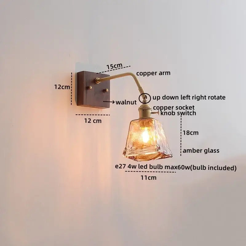 Antique brass amber glass wall sconce adjustable bedroom reading lamp
