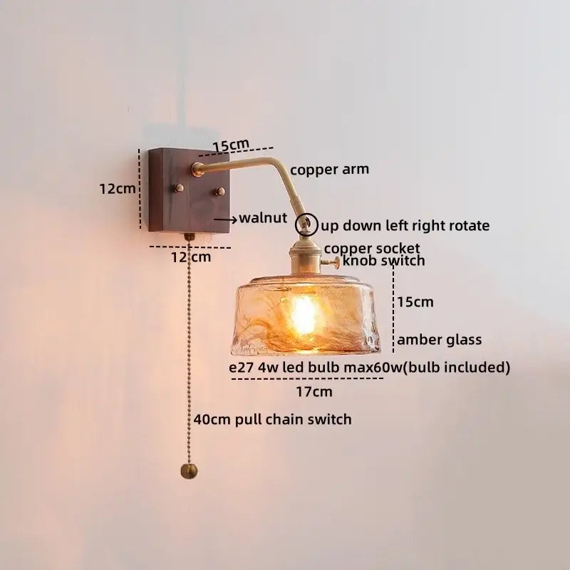 Antique brass amber glass wall sconce adjustable bedroom reading lamp