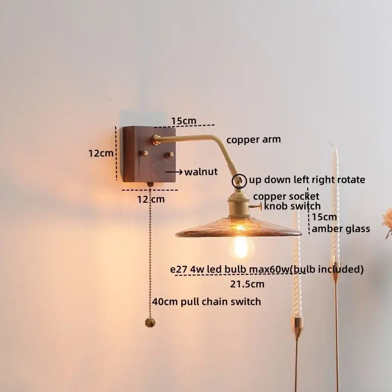 Antique brass amber glass wall sconce adjustable bedroom reading lamp