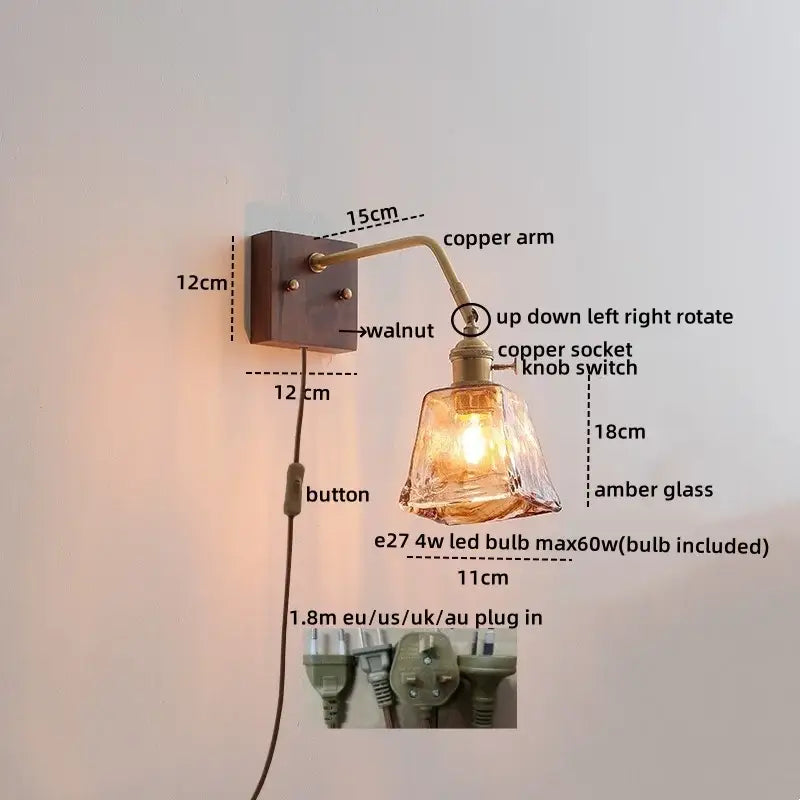 Antique brass amber glass wall sconce adjustable bedroom reading lamp