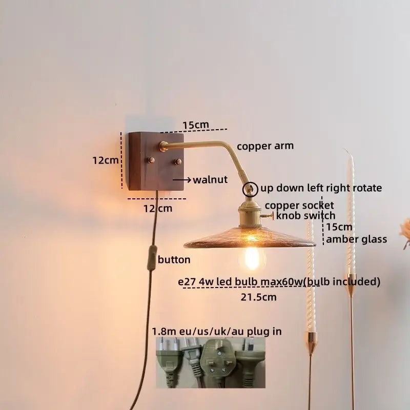 Antique brass amber glass wall sconce adjustable bedroom reading lamp