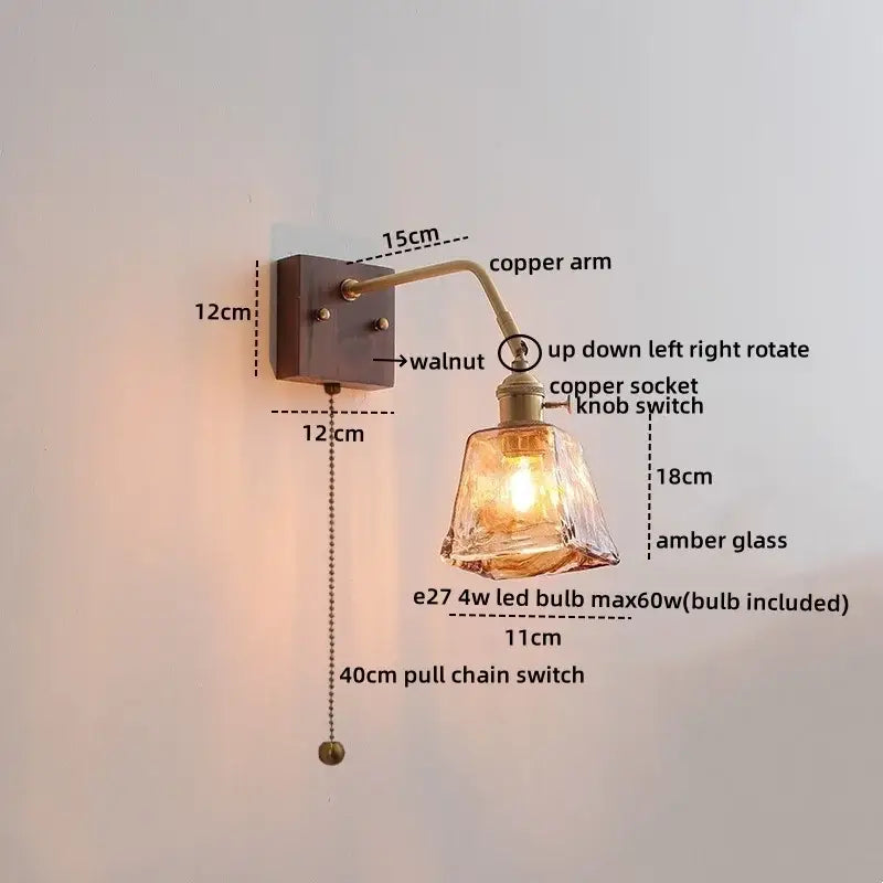 Antique brass amber glass wall sconce adjustable bedroom reading lamp