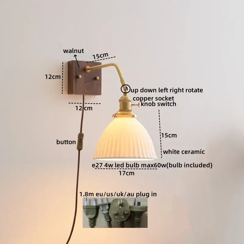 Antique brass amber glass wall sconce adjustable bedroom reading lamp