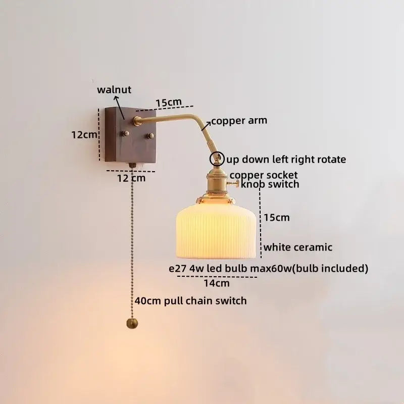 Antique brass amber glass wall sconce adjustable bedroom reading lamp