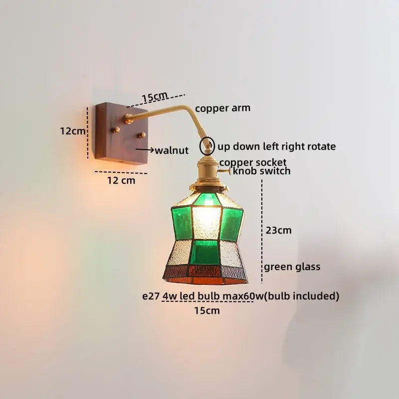 Antique brass amber glass wall sconce adjustable bedroom reading lamp