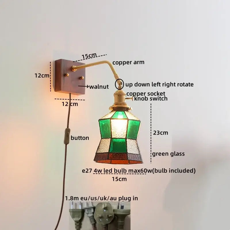 Antique brass amber glass wall sconce adjustable bedroom reading lamp