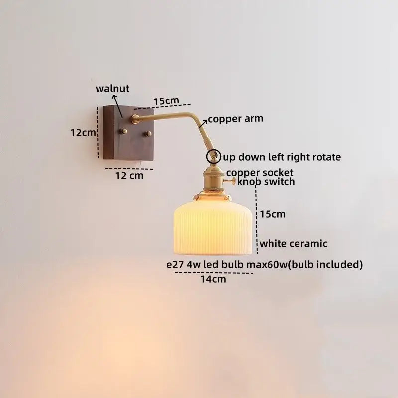 Antique brass amber glass wall sconce adjustable bedroom reading lamp