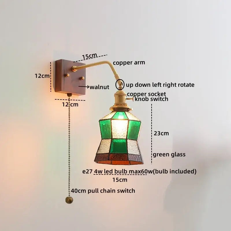 Antique brass amber glass wall sconce adjustable bedroom reading lamp