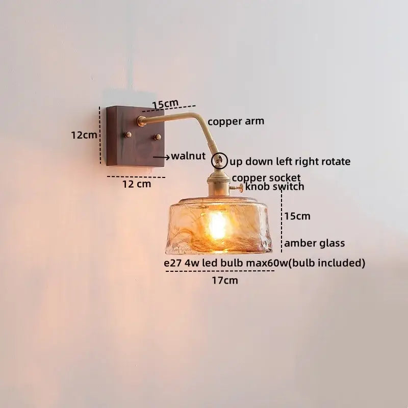Antique brass amber glass wall sconce adjustable bedroom reading lamp