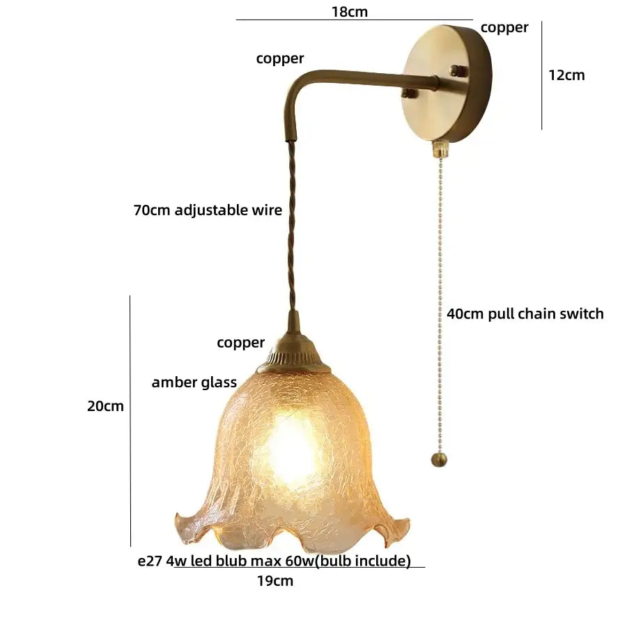 Antique brass and amber glass led wall sconce for bedroom