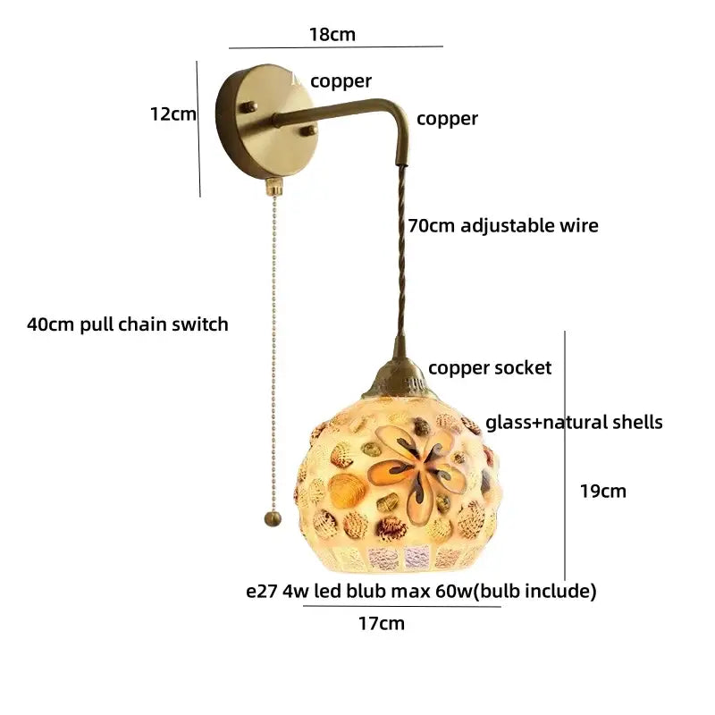 Antique brass and amber glass led wall sconce for bedroom