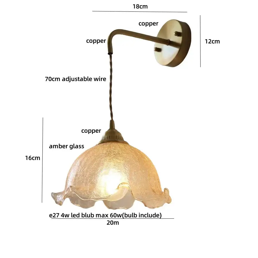Antique brass and amber glass led wall sconce for bedroom
