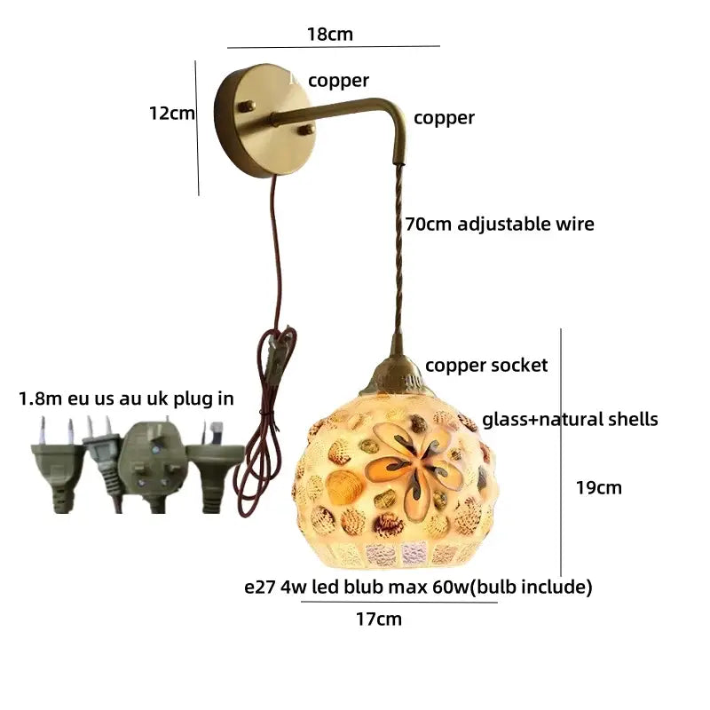 Antique brass and amber glass led wall sconce for bedroom