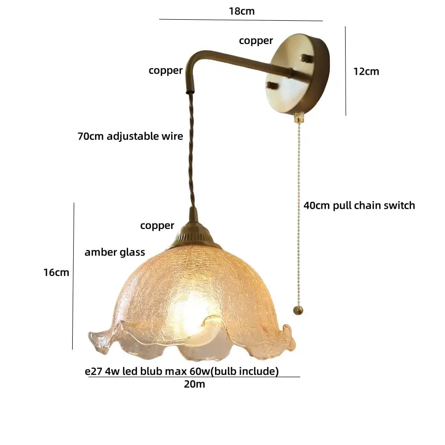 Antique brass and amber glass led wall sconce for bedroom