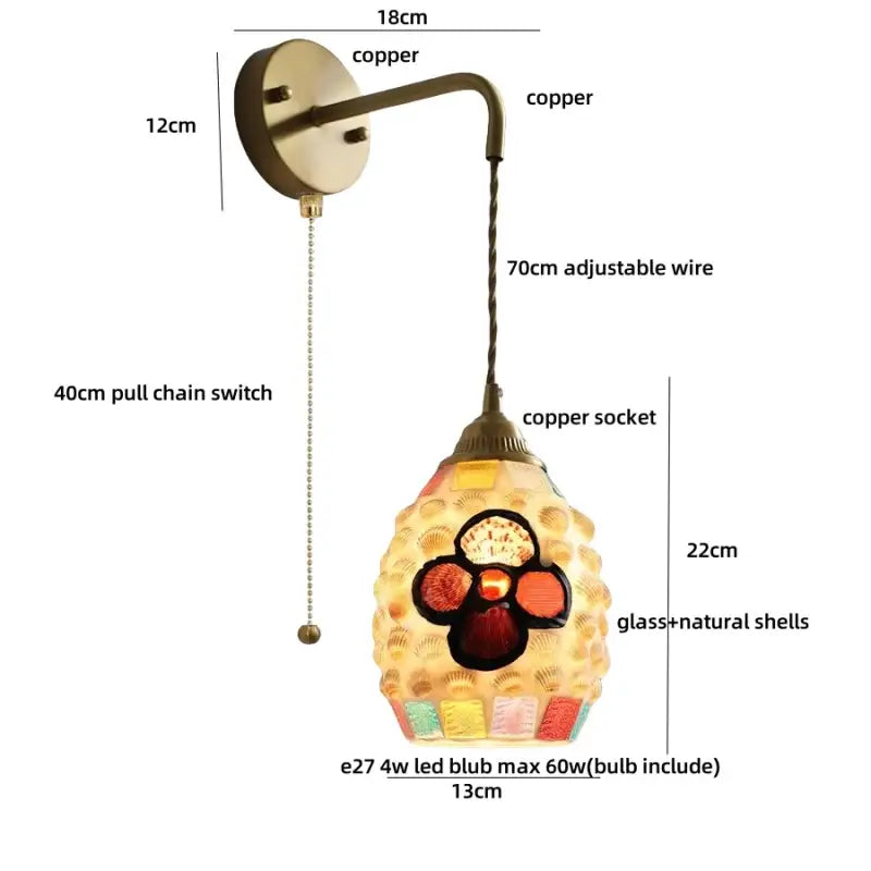 Antique brass and amber glass led wall sconce for bedroom