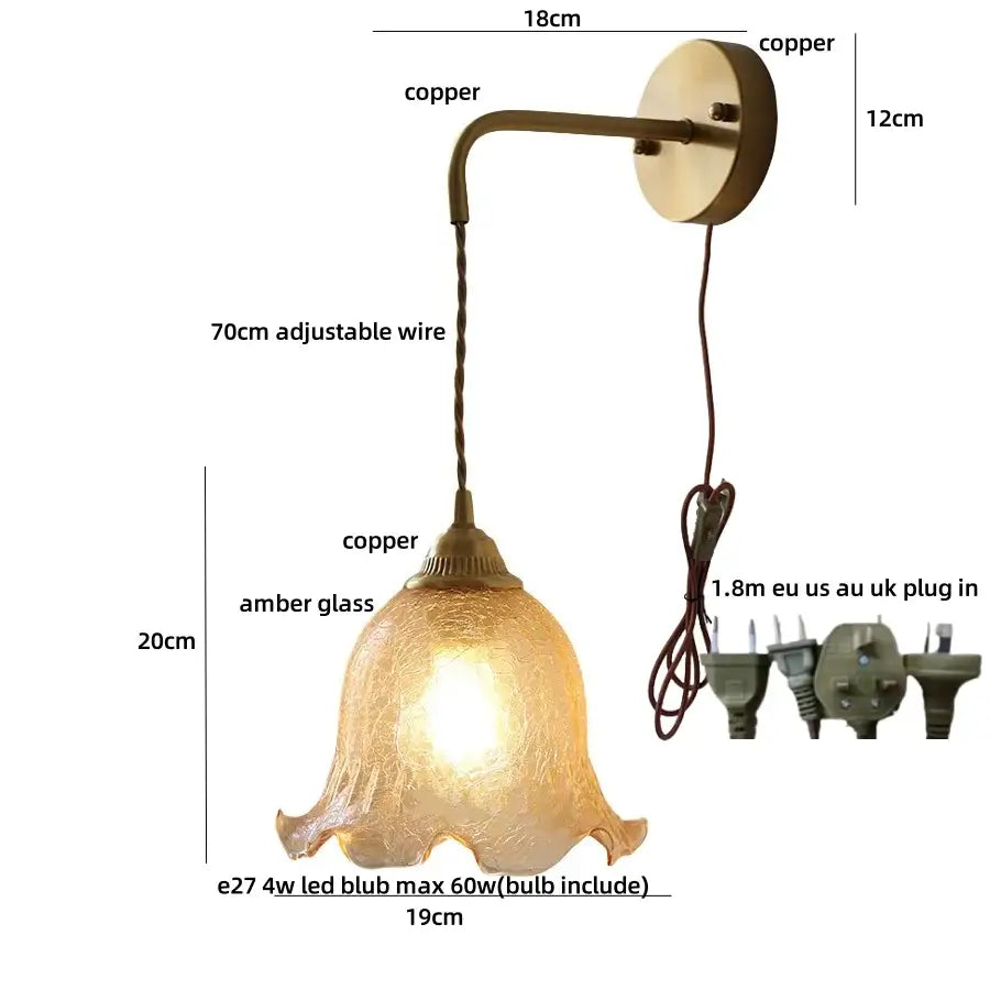 Antique brass and amber glass led wall sconce for bedroom