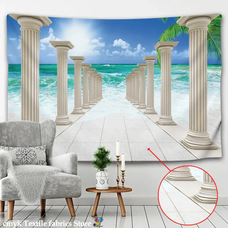 Ancient architecture tapestry wall hanging blue bedroom decor