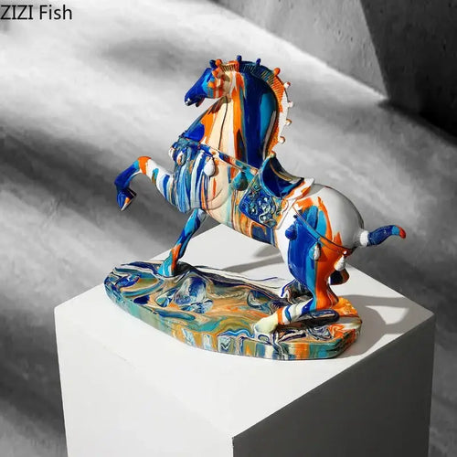 Abstract blue and orange horse animal resin statue living room decor