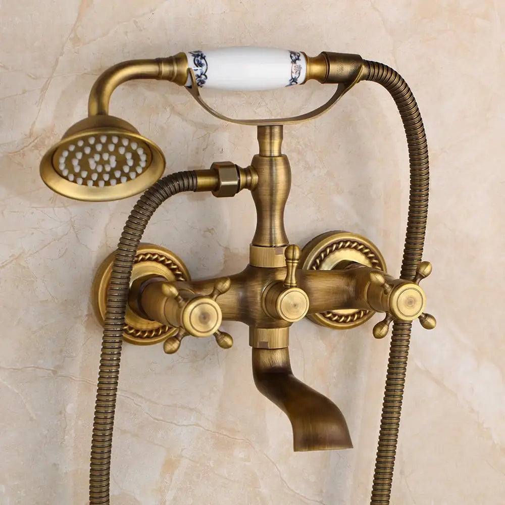 Antique brass floral shower mixer set bathroom faucet with ceramic handle