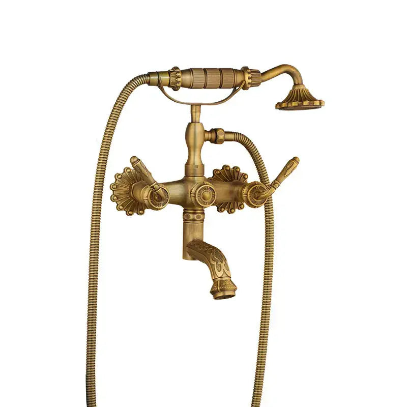 Antique brass floral shower mixer set bathroom faucet with ceramic handle
