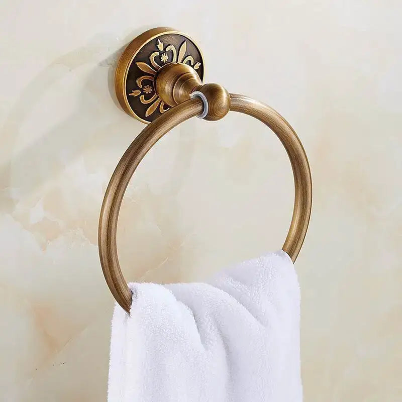 Antique brass floral bath hardware set with towel rack and toilet brush