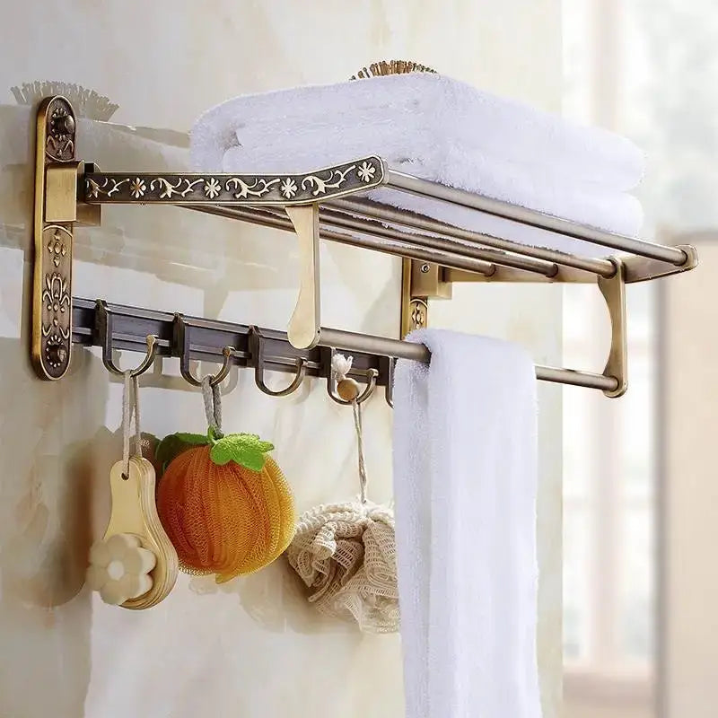 Antique brass floral bath hardware set with towel rack and toilet brush