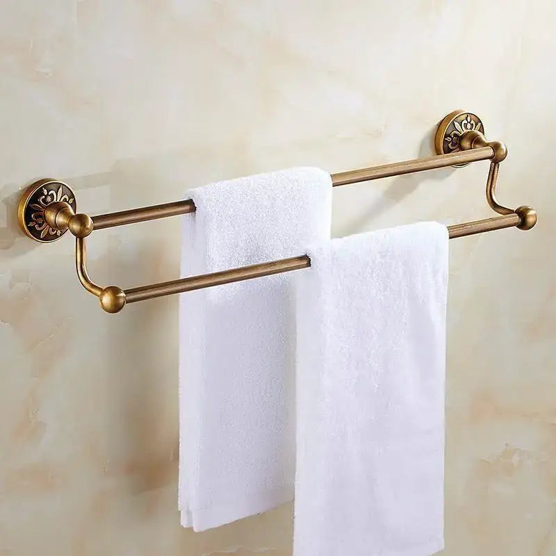 Antique brass floral bath hardware set with towel rack and toilet brush