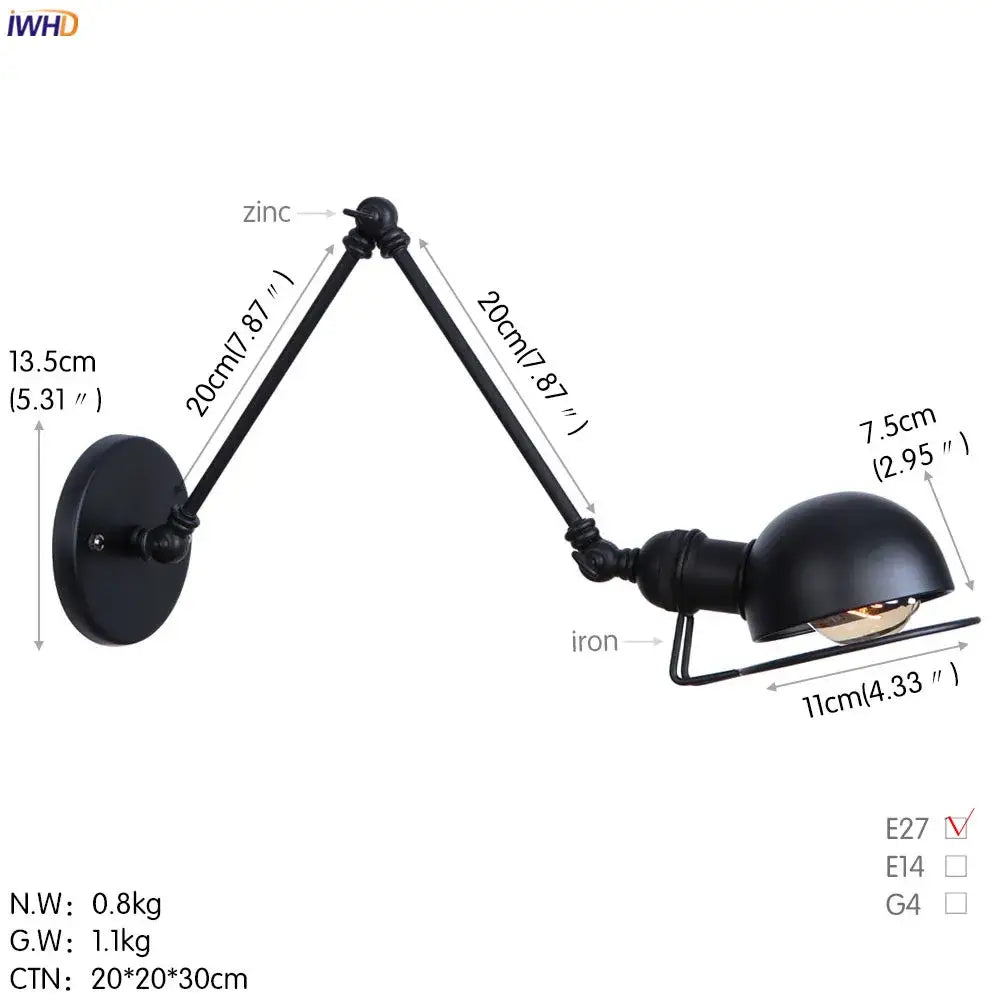 Antique black wall lamp bedroom adjustable dual dome sconce