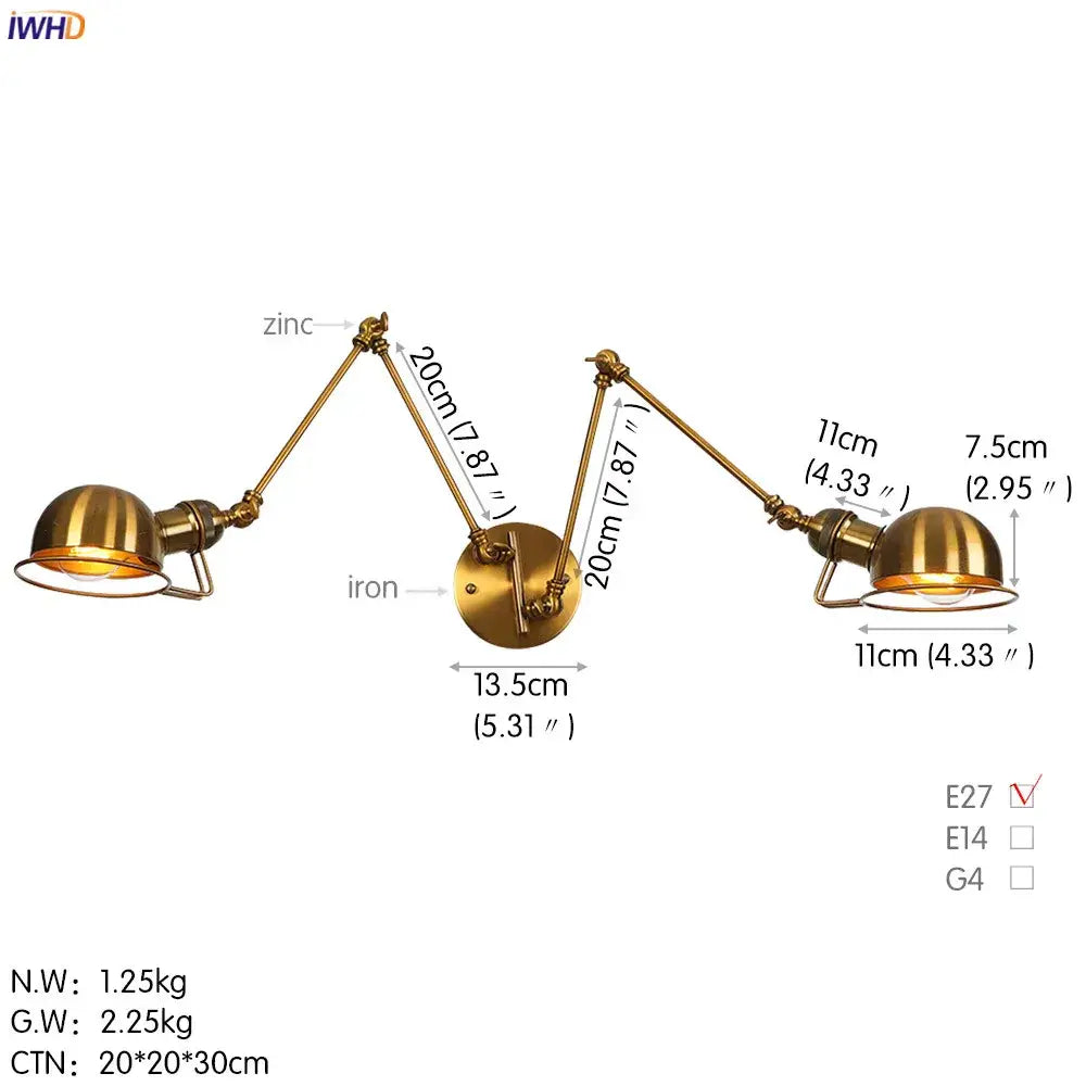 Antique black wall lamp bedroom adjustable dual dome sconce