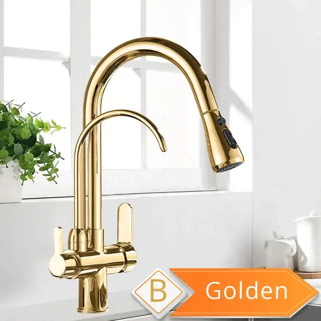 Antique brass kitchen faucet with pull down spray and purification