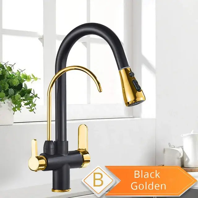 Antique brass kitchen faucet with pull down spray and purification