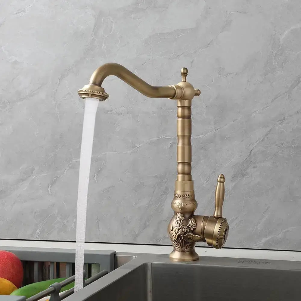 Antique brass floral basin faucet kitchen art design mixer tap