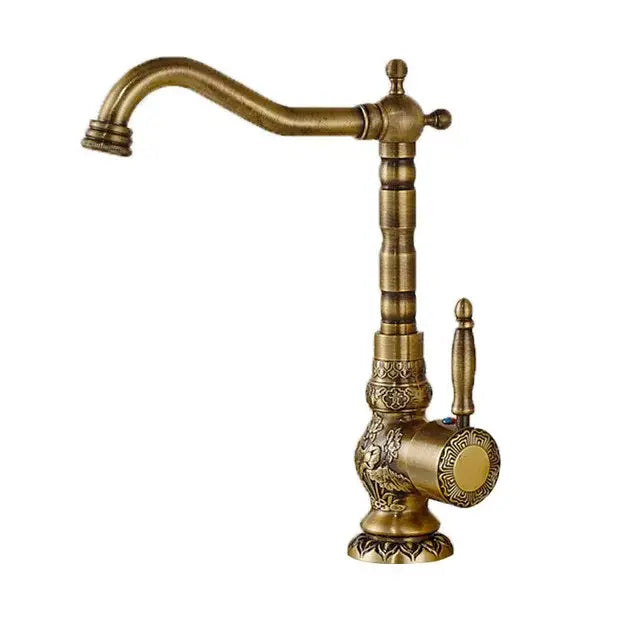 Antique brass flower carved kitchen basin faucet with 360 rotation