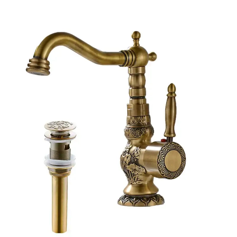 Antique brass flower carved kitchen basin faucet with 360 rotation