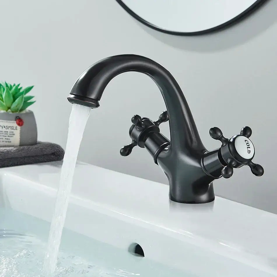 Antique brass basin faucet with ornate cross handles for bathroom