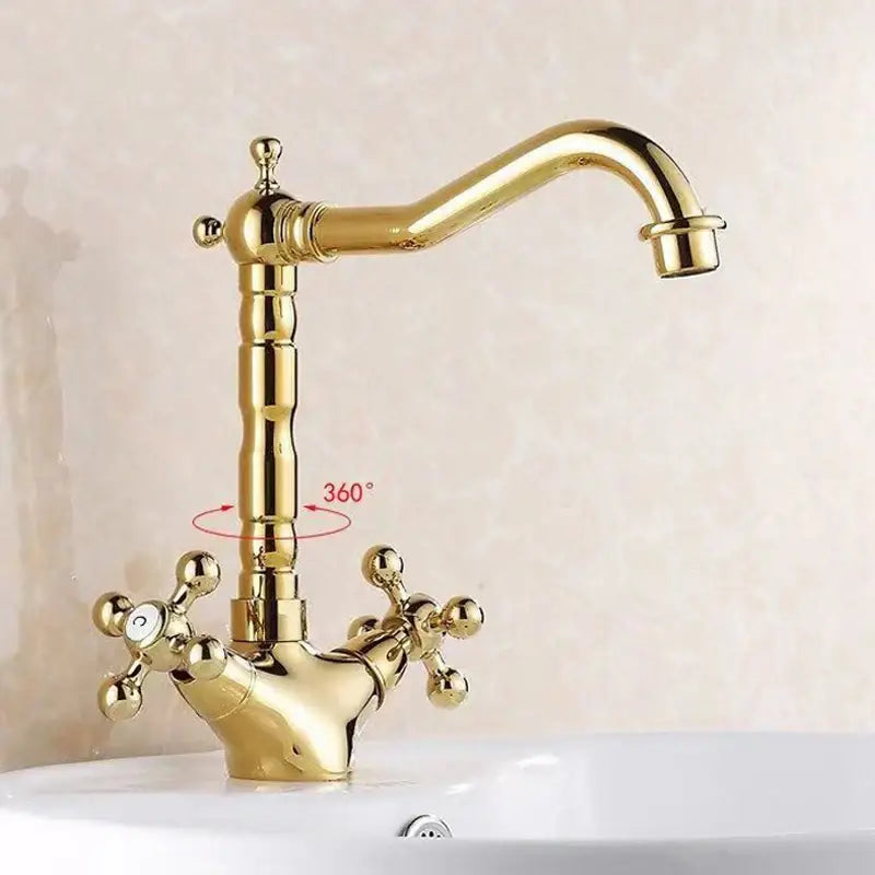 Antique brass basin faucet with cross handles for kitchen