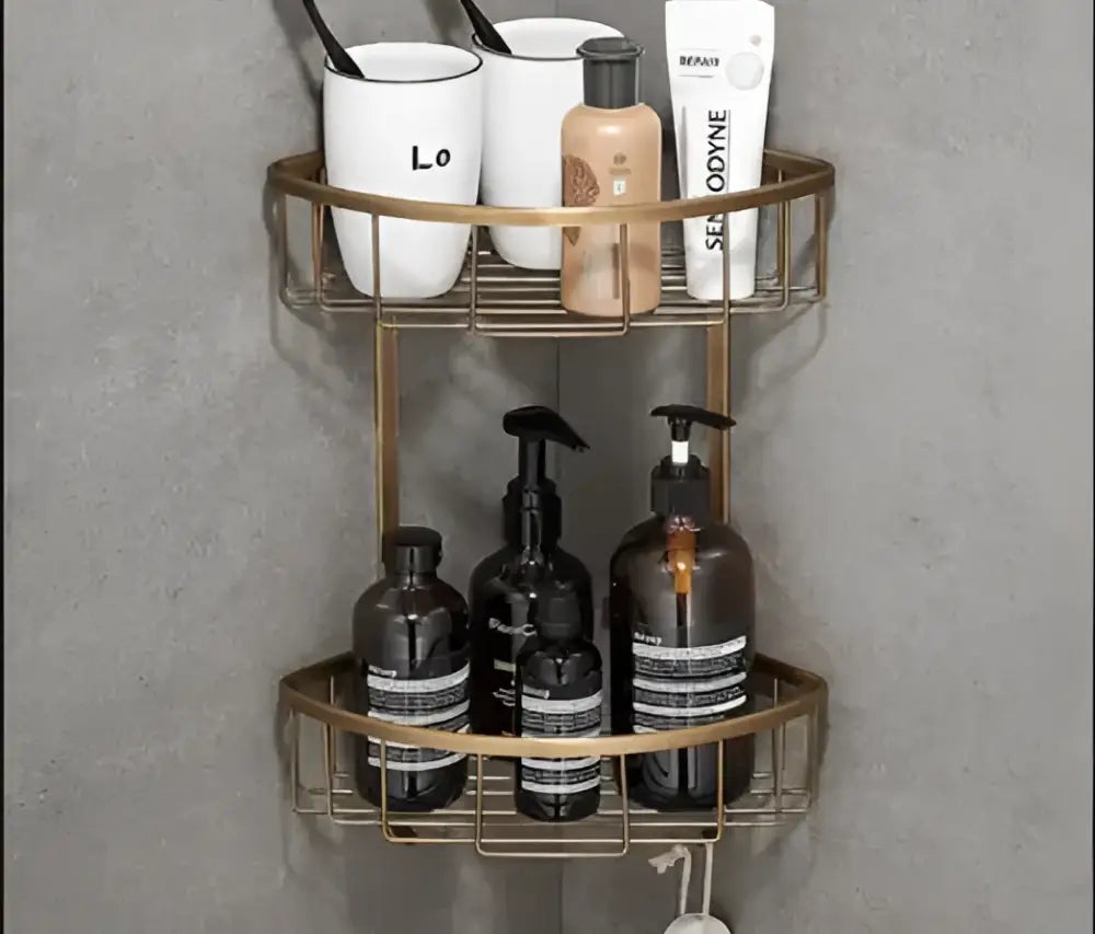 Antique brass bathroom accessory set with wall shelf
