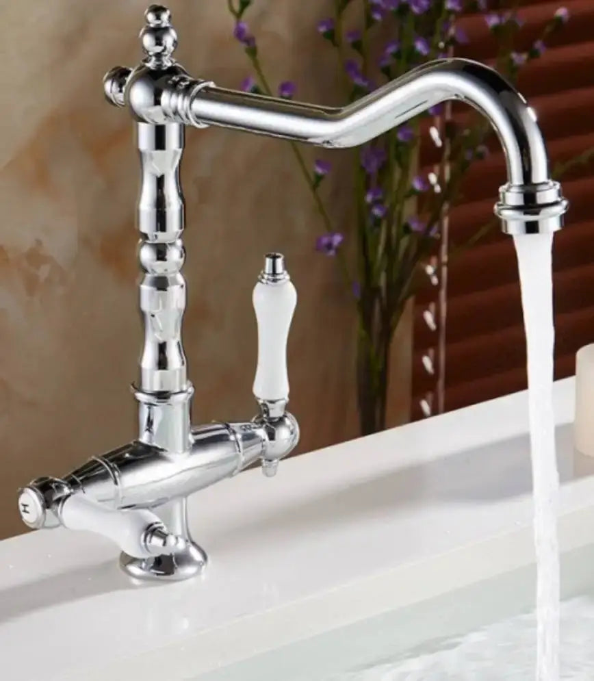 Antique rose gold & white brass bathroom faucet set with hand shower